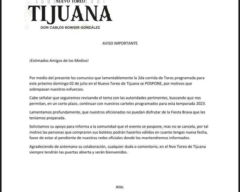 Se pospone, no se cancela la corrida de Tijuana